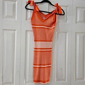 Ashly & Sage Women's Orange Stripe Tie Shoulder Straps Knit Dress Size Small